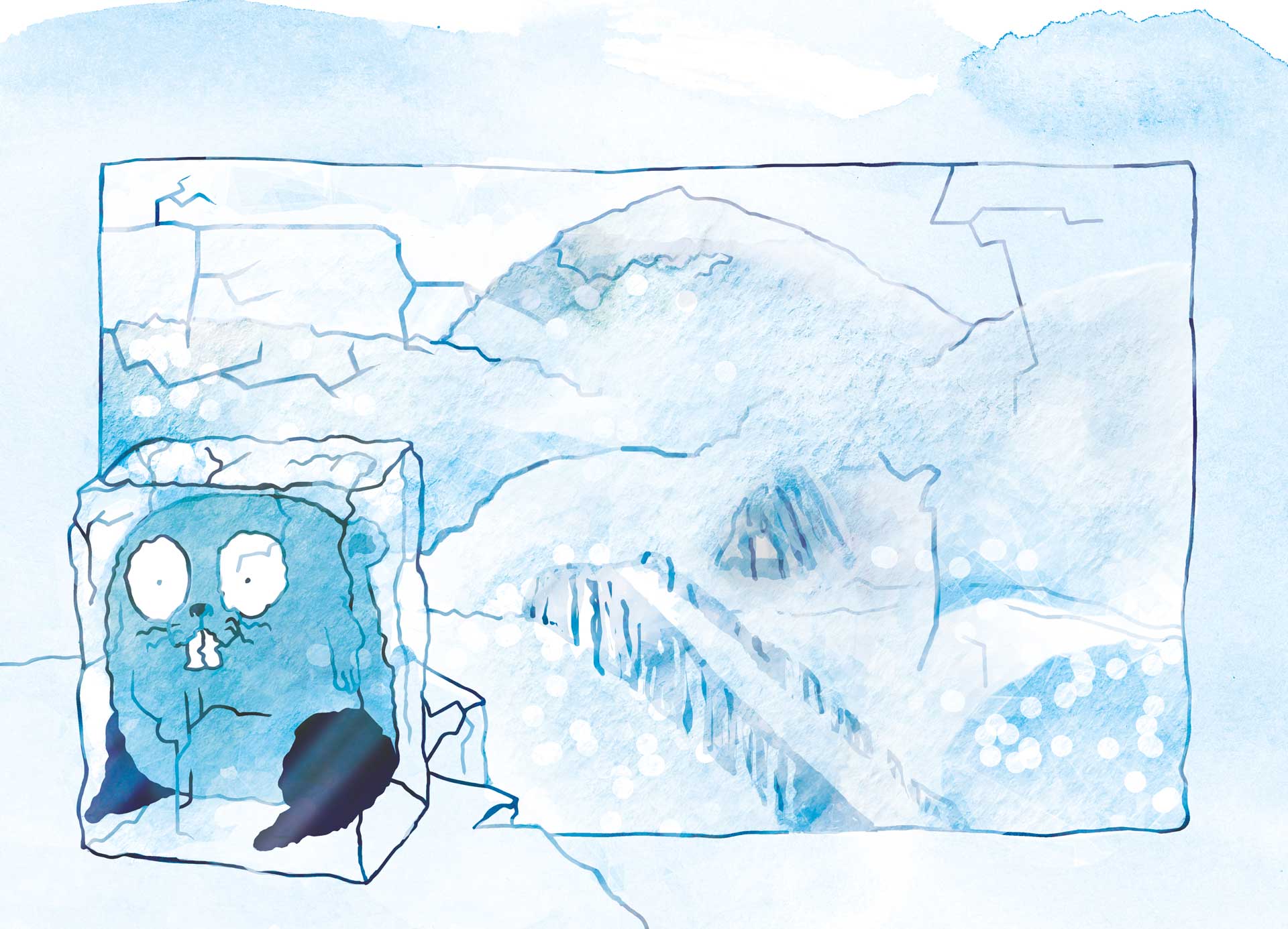 Illustration. Lenny in a frozen landscape.