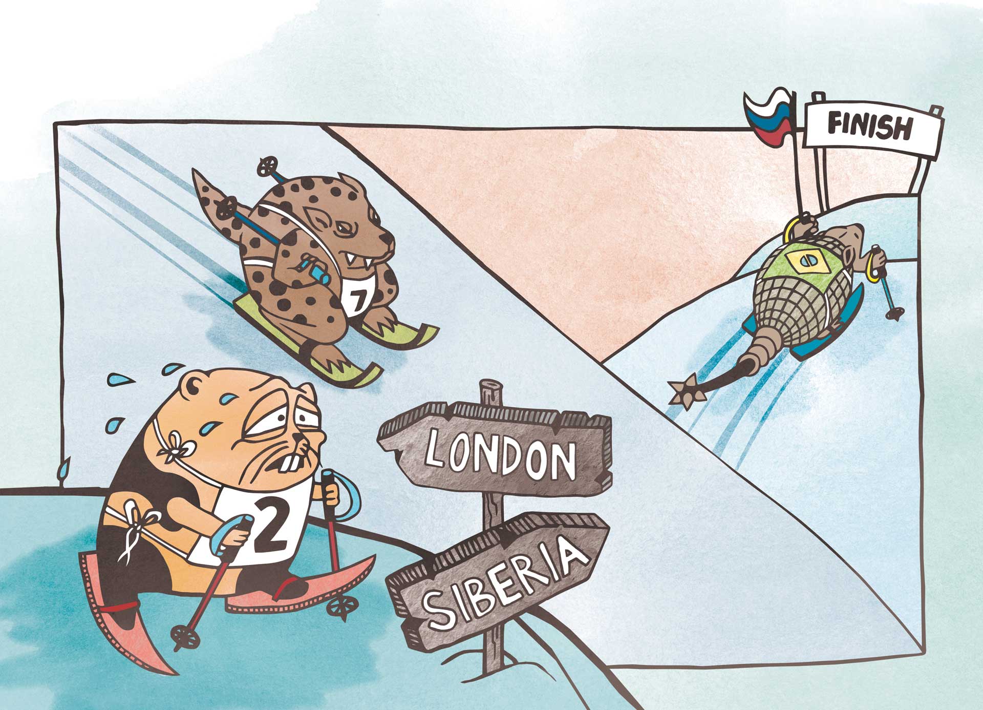 Illustration. Lenny skiing from London to Siberia