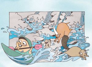 Illustration. Lenny kayaking past panicked animals in the water.